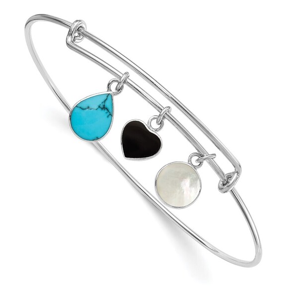 925 Sterling Silver Genuine Rhod-plate Onyx Syn. Turq. MOP Expandable Bangle